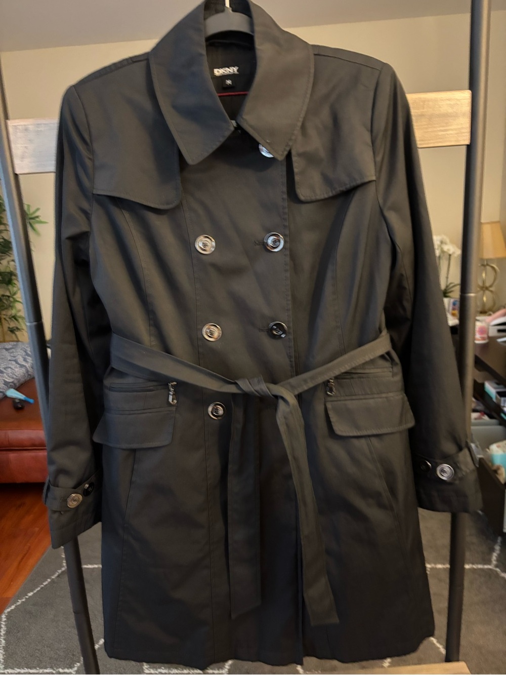 DKNY Black Double-Breasted Trench Coat
